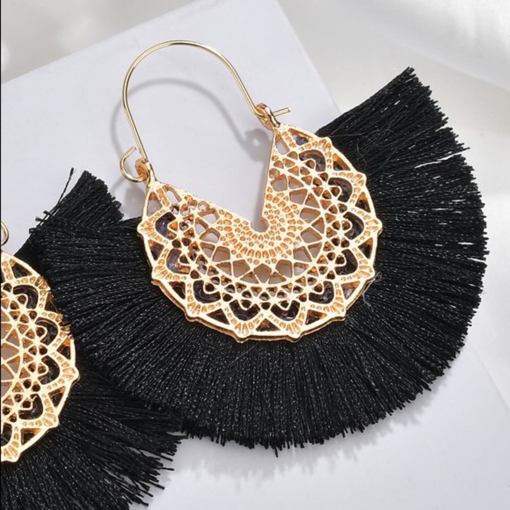 Black Tassel Fan Boho Gold Earrings